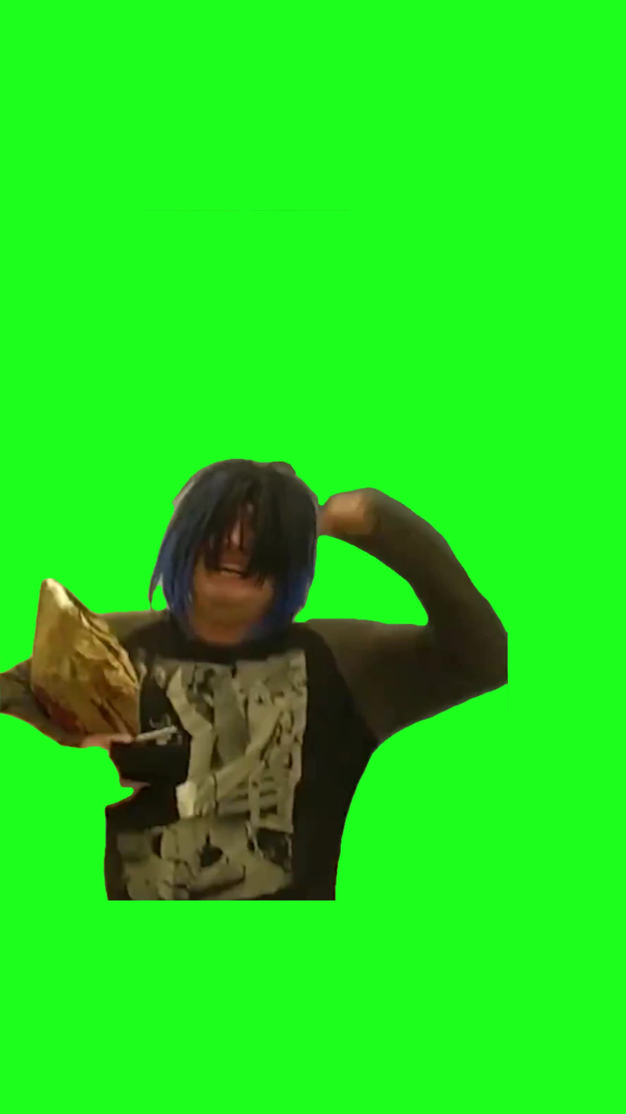 Guy in blue hair screaming green screen
