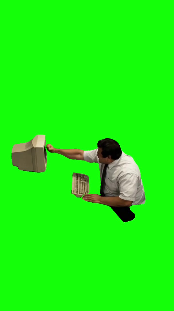 Guy smashing work computer green screen