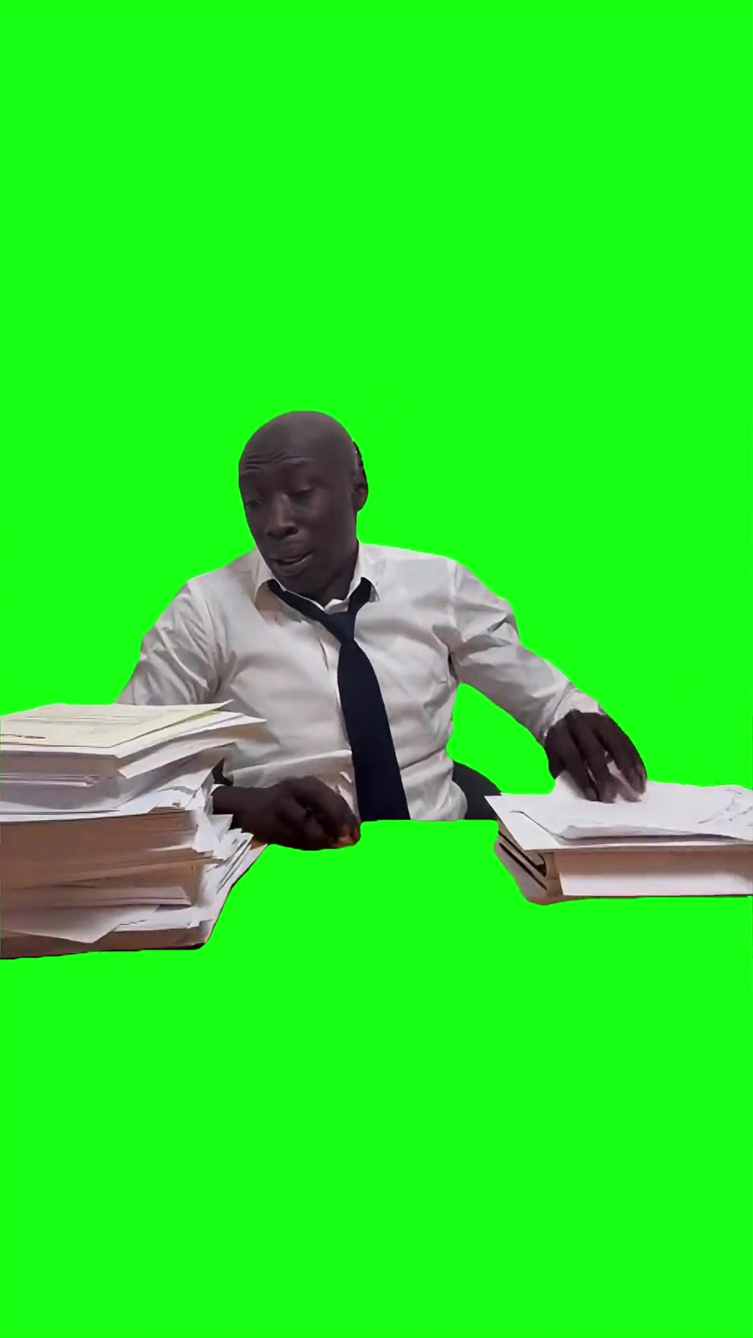 Khaby looking at stack of paper green screen