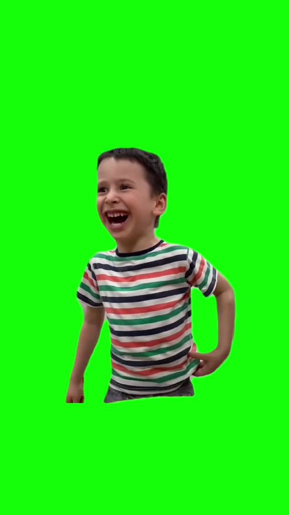 Kid in stripe shirt laughing green screen