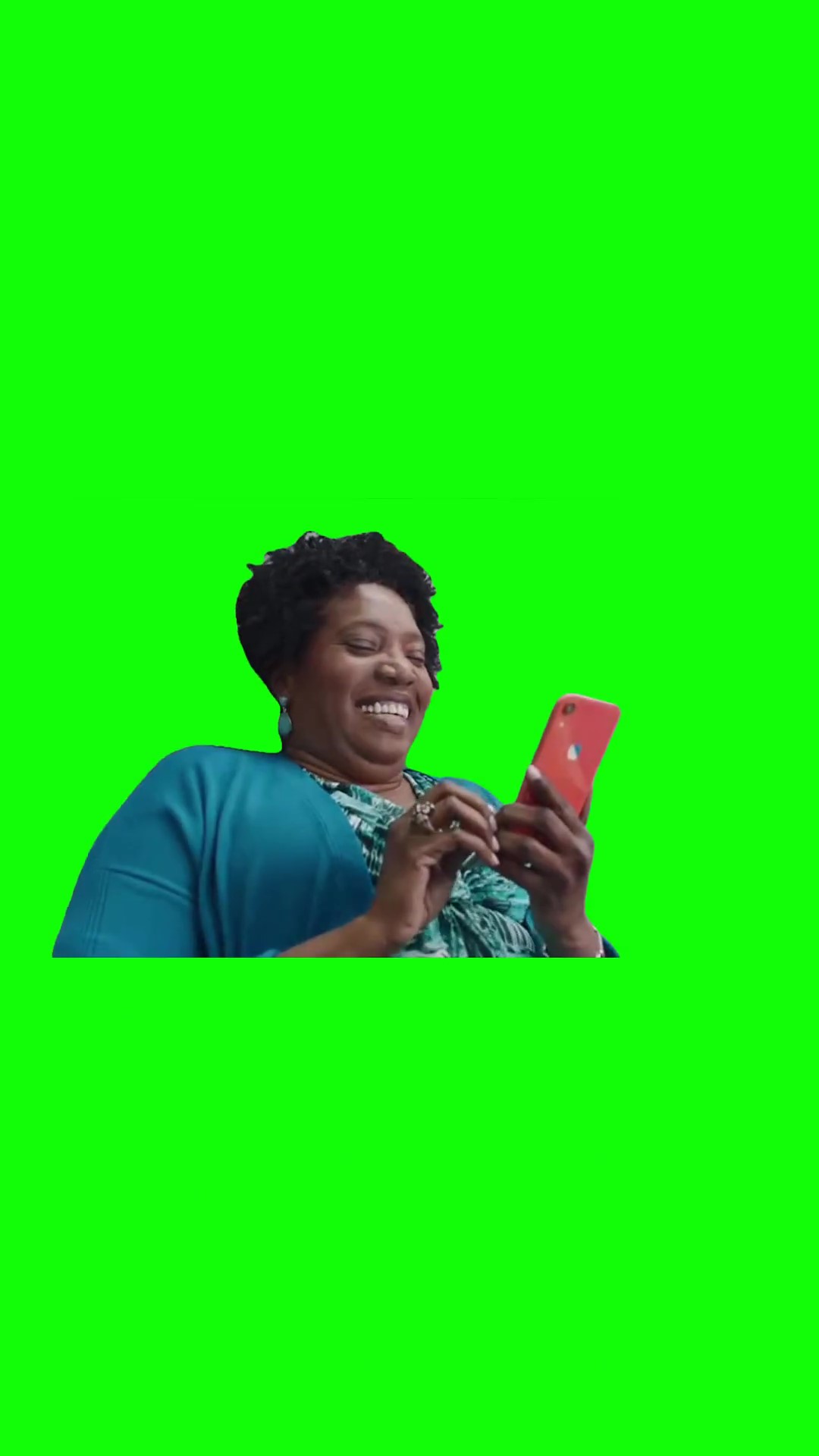 Laughing at her phone green screen