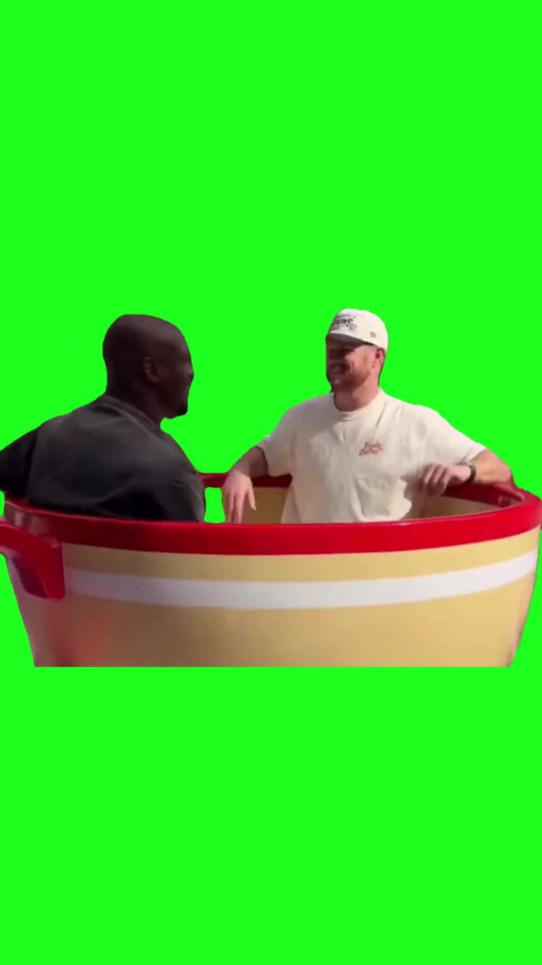 Sam and Ken riding cups green screen